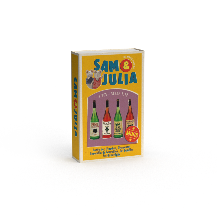A set of four miniature plastic bottles in different colors packaged in a box with 'Sam & Julia' branding and illustrations of the bottles.