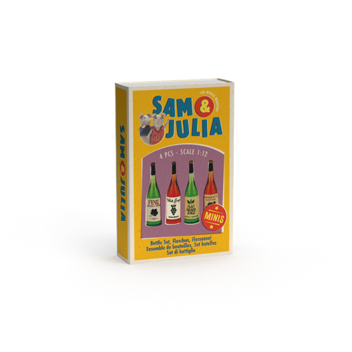 A set of four miniature plastic bottles in different colors packaged in a box with 'Sam & Julia' branding and illustrations of the bottles.